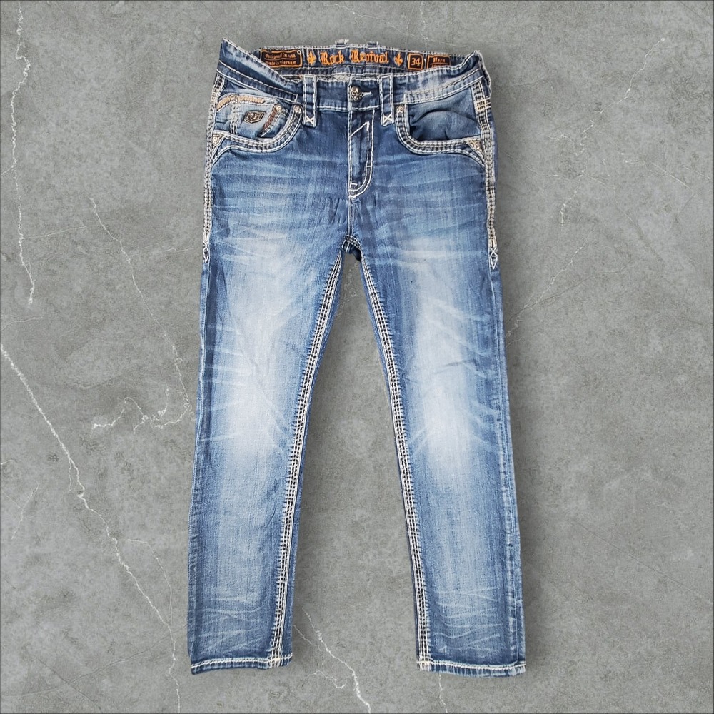Rock Revival Hern Straight Jeans Mens 34x32 Blue Thick Stitch Distressed J205